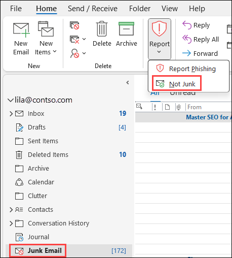 Rapporter-knappen i Outlook med Not Junk-valget i søppelpost-mappen