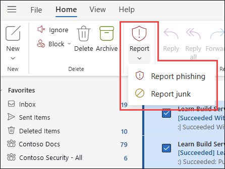 Rapporter-knappen i Outlook på web med valgene Report phishing og Report junk
